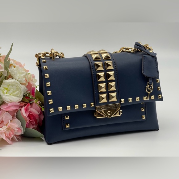 Michael Kors Navy Faux Leather Studs Satchel Shoulder Bag - Picture 4 of 16